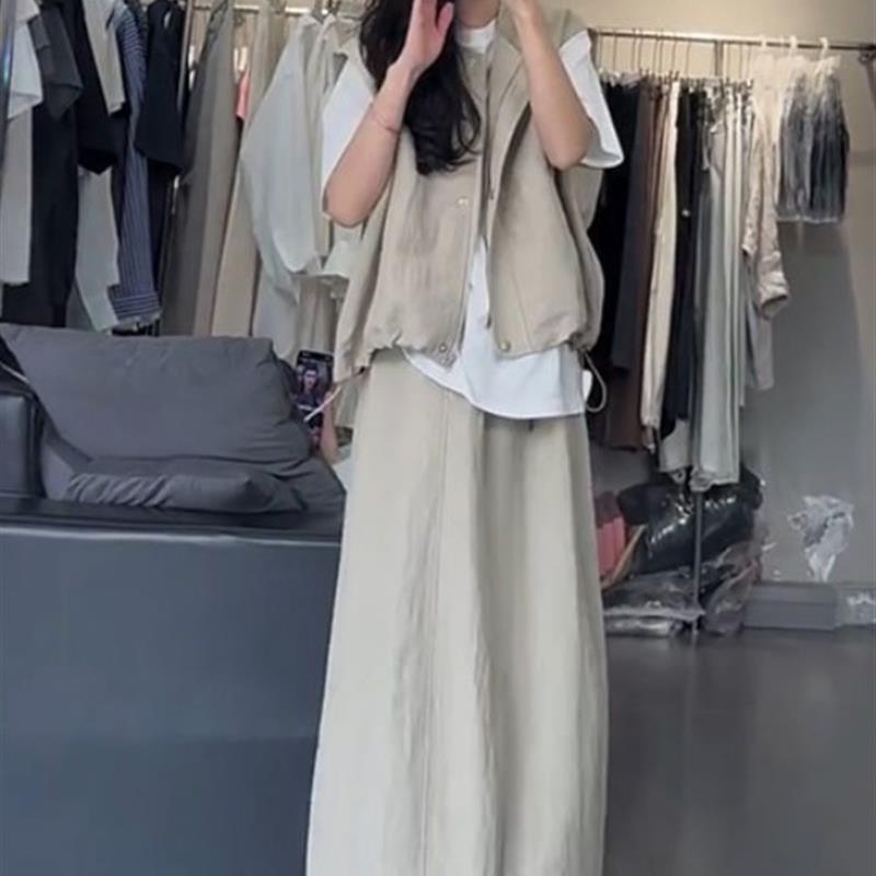 单/套装 欧洲站夏季新款韩版百搭宽松无袖马甲女高腰半身裙三件套