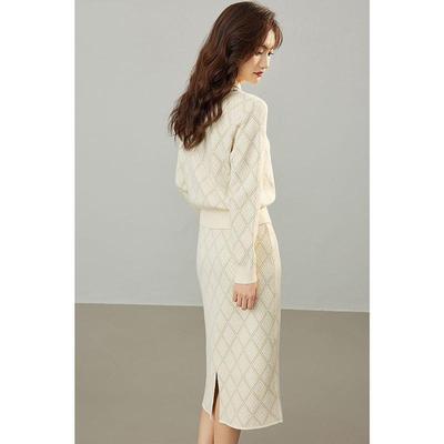 现货法式菱形格针织衫小香风套装女2025秋季新款金丝裙两件套