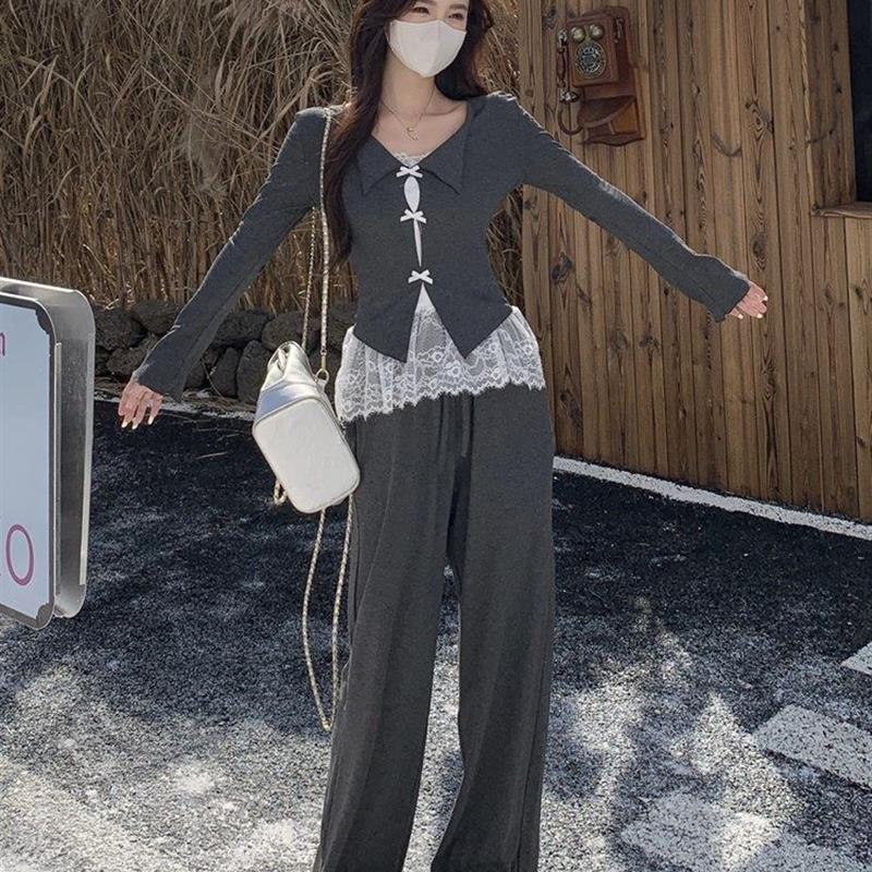 大码高级感假两件长袖t恤女春秋胖mm流行穿搭显瘦气质长裤两件套