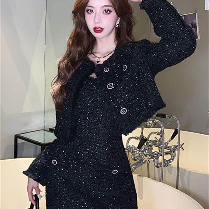 甜酷风名媛小香风收腰时尚连衣裙秋冬法式纯欲风短外套女两件套装,女装/女士精品,时尚套装,淘宝优惠券,粉丝福利购,淘宝优惠卷