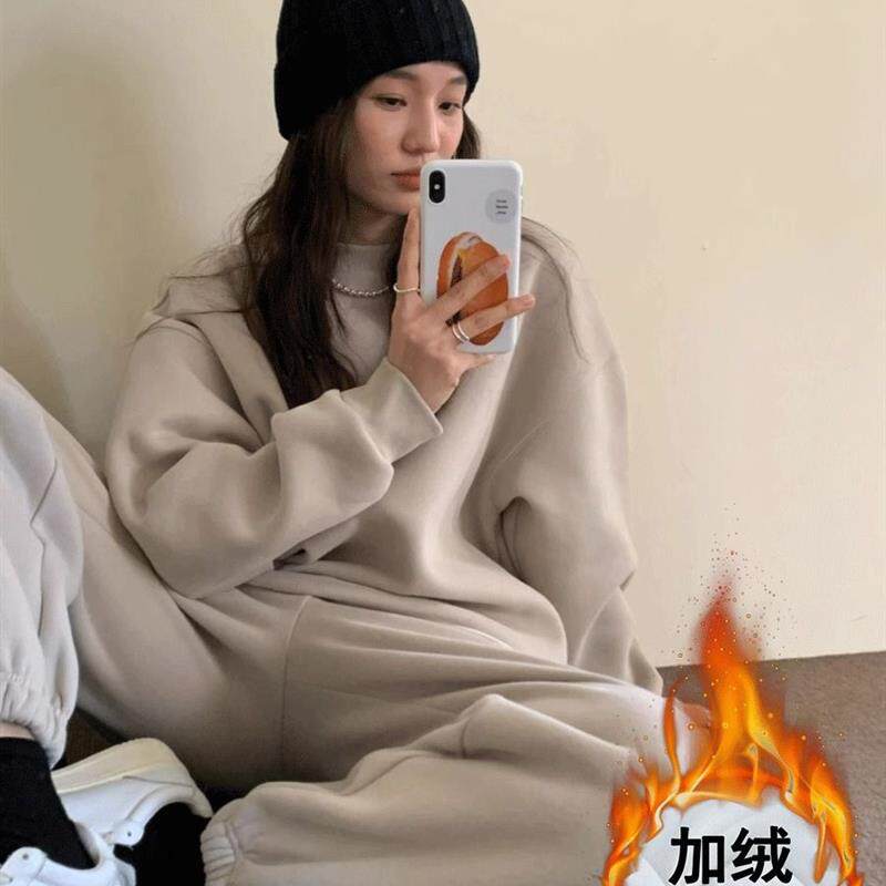 慵懒风运动休闲套装女学生秋冬加绒加厚时尚宽松卫衣束脚裤两件套