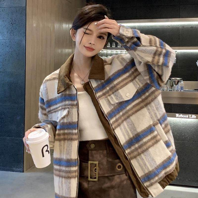 韩版小香风格纹毛呢外套女秋冬新款oversize复古宽松夹克开衫上衣,女装/女士精品,时尚套装,淘宝优惠券,粉丝福利购,淘宝优惠卷