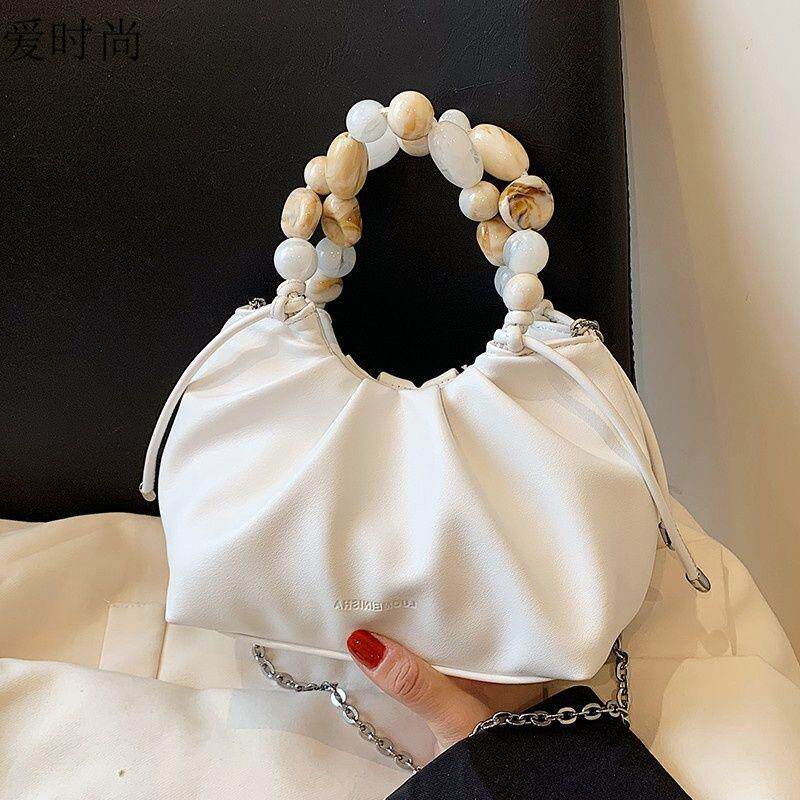 小众简约串珠手提小包包女质感褶皱包2025新款夏季时尚百搭斜挎包