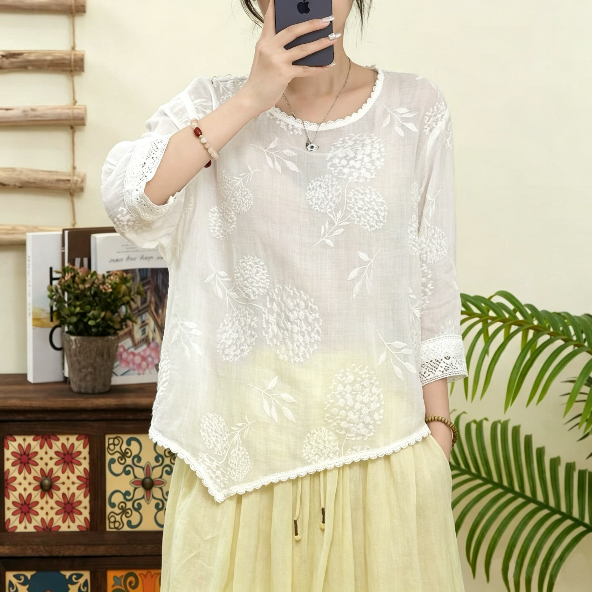 重工刺绣蕾丝拼接苎麻上衣女夏季衬衫