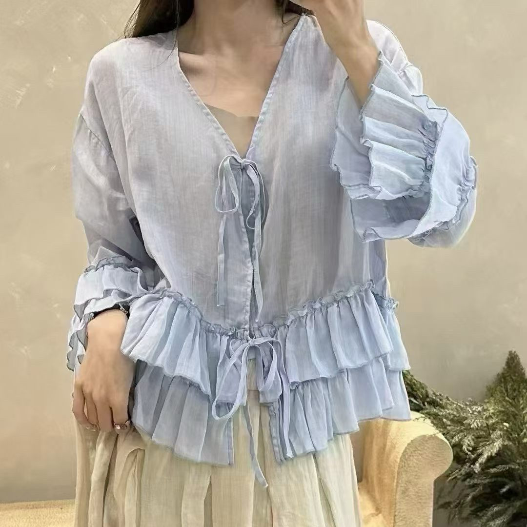 韩系慵懒风纯苎麻绑带衬衫女木耳衬衫