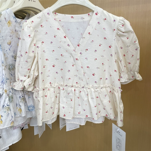 Ретро летняя милая рубашка, V-образный вырез, цветочный принт, рукава фонарики, короткий рукав, подходит для подростков