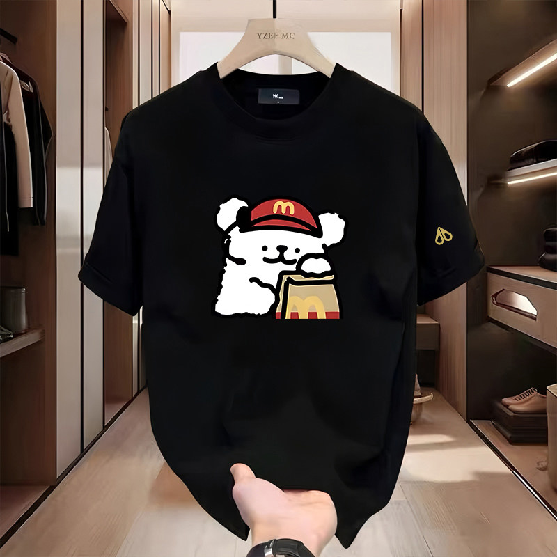 剪刀四季美式卡通风麦当劳小狗印花短袖T恤男女情侣宽松百搭上衣,女装/女士精品,T恤,淘宝优惠券,粉丝福利购,淘宝优惠卷