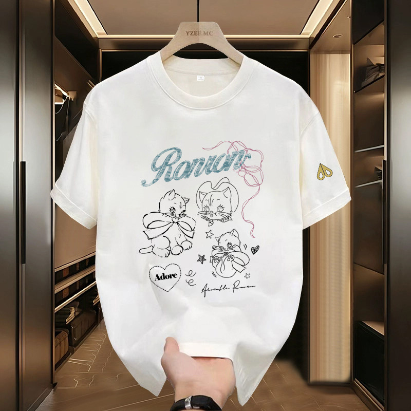 剪刀四季美式卡通猫咪短袖T恤男女同款宽松百搭学院圆领套头上衣,女装/女士精品,T恤,淘宝优惠券,粉丝福利购,淘宝优惠卷