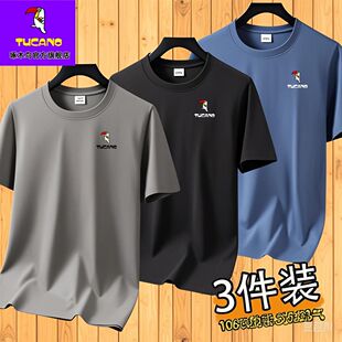 圆领打底衫 潮流百搭纯色上衣男青年大码 T恤男夏季 啄木鸟纯棉短袖