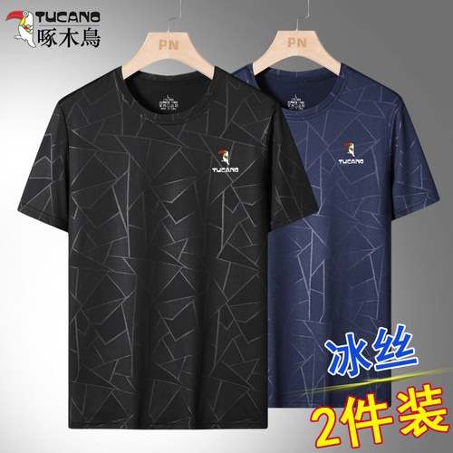啄木鸟夏季短袖t恤男冰丝宽松速干圆领运动跑步休闲薄款大码半袖