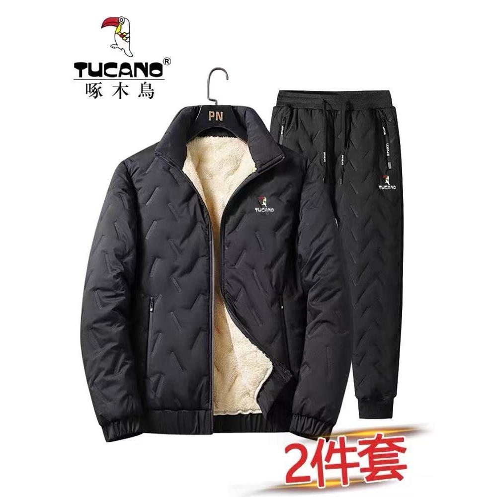 啄木鸟加厚羊羔绒套装男士秋冬季新款加绒保暖棉服外套休闲长裤男