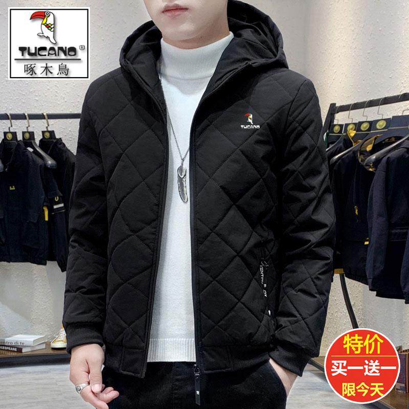 啄木鸟男士连帽休闲潮流保暖加厚棉袄轻薄款羽绒服帅气秋冬季外套
