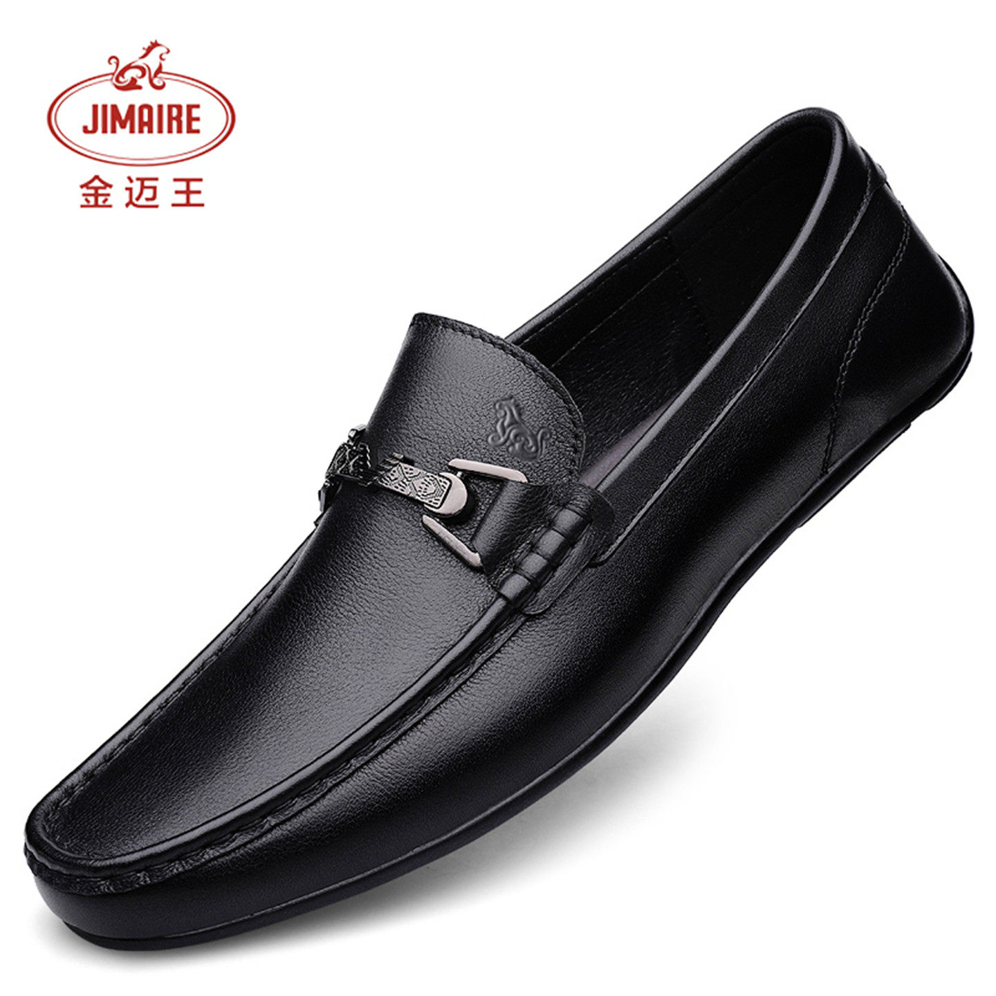 金迈王品牌男鞋真皮豆豆鞋白色商务休闲皮鞋一脚蹬软底懒人鞋潮鞋