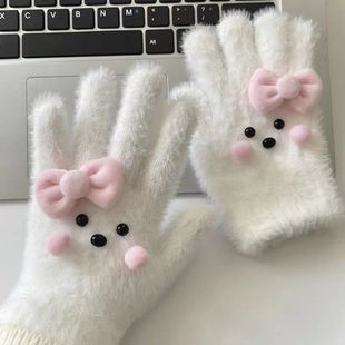 粉腮笑脸蝴蝶结毛绒手套女冬季 御寒骑行学生保暖手套户外雪地防冻