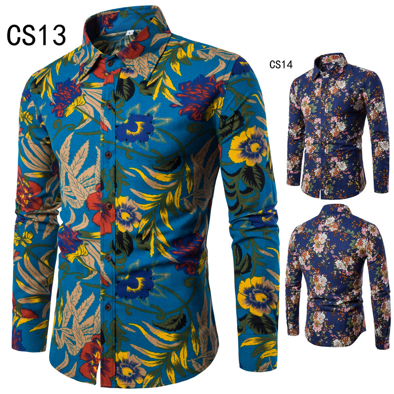 men linen slim printed shirt long sleeve man casual shirts