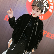 金丝绒夹克衫 2019新款 亮片加厚加棉外套女宽松潮牌黑色棒球服冬季
