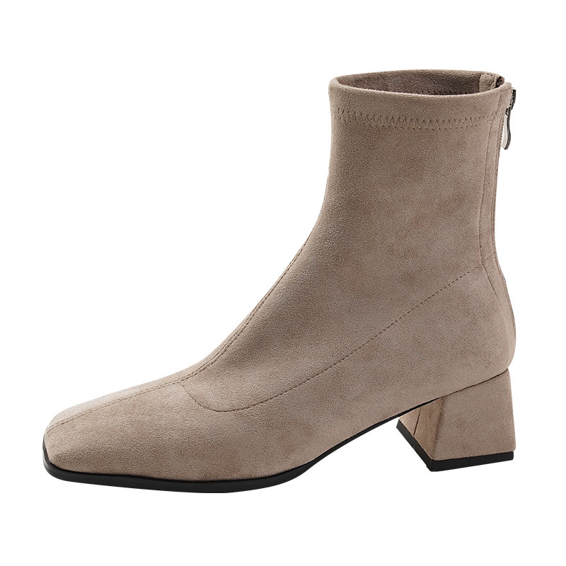 SMALL CARAT AUTUMN AND WINTER STYLE LIGHT KHAKI SQUARE TOE BOOTS SKINNY BOOTS MID-HEEL BLOCK HEEL ELASTIC SOCK BOOTS AND FLEECE 5CM
