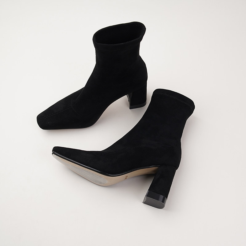 SMALL CARAT COFFEE COLOR RETRO HIGH HEEL BOOTS WOMENS BLOCK HEEL SQUARE TOE AUTUMN AND WINTER VELVET ELASTIC SKINNY BOOTS NET RED 7CM