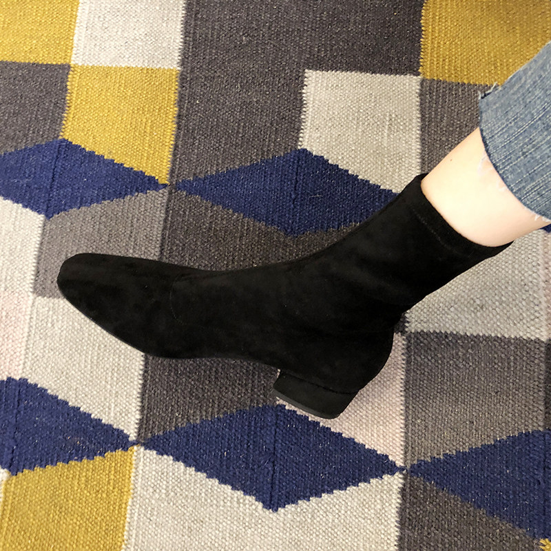 SMALL CARAT SQUARE TOE BOOTS SUEDE SKINNY BOOTS WOMENS AUTUMN WINTER 2024 VELVET WARM FLAT HEEL ELASTIC BOOTS COFFEE