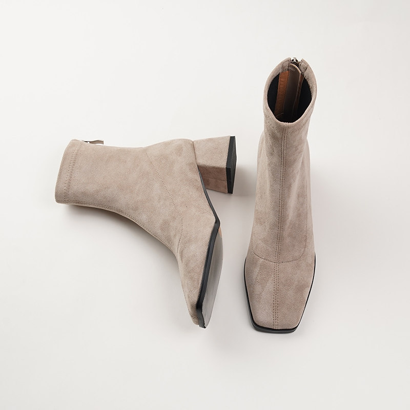 SMALL CARAT AUTUMN AND WINTER STYLE LIGHT KHAKI SQUARE TOE BOOTS SKINNY BOOTS MID-HEEL BLOCK HEEL ELASTIC SOCK BOOTS AND FLEECE 5CM