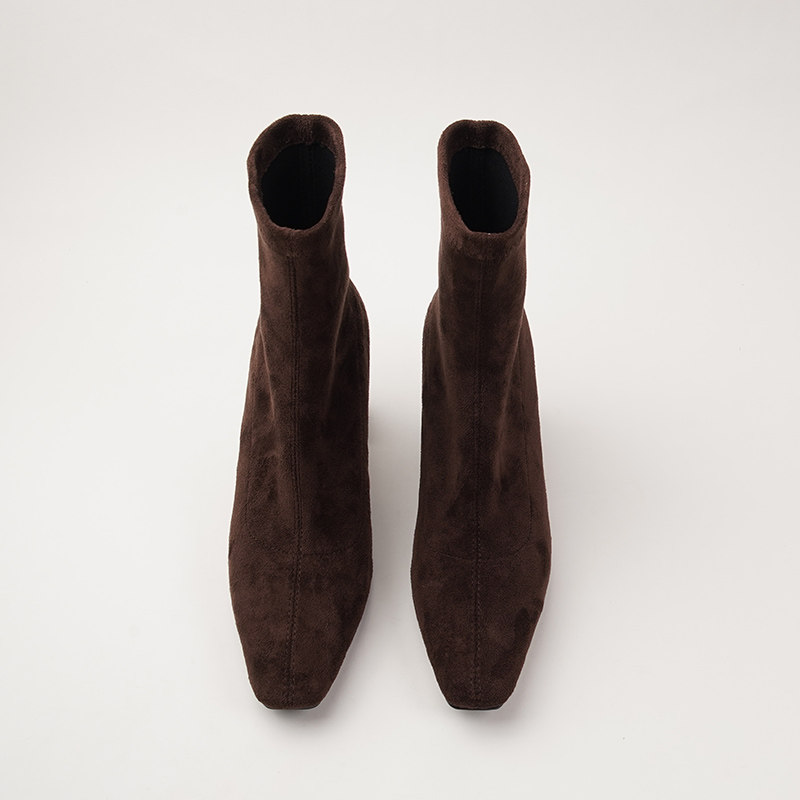 SMALL CARAT COFFEE COLOR RETRO HIGH HEEL BOOTS WOMENS BLOCK HEEL SQUARE TOE AUTUMN AND WINTER VELVET ELASTIC SKINNY BOOTS NET RED 7CM