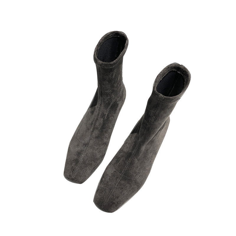 SMALL CARAT SQUARE TOE BOOTS SUEDE SKINNY BOOTS WOMENS AUTUMN WINTER 2024 VELVET WARM FLAT HEEL ELASTIC BOOTS COFFEE