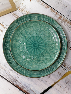 东南亚风餐具陶瓷盘子菜盘立体浮雕盘圆形西餐盘家用平盘摆盘微瑕