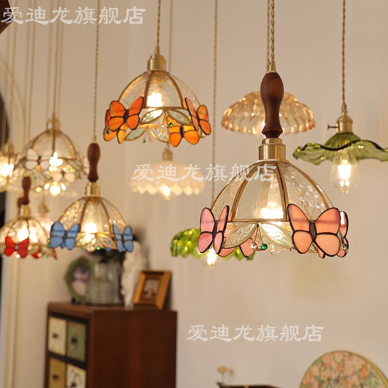 吊浪漫床式头灯美古乡村日蝴式复简代约飘彩色吊蝶法38409窗现式