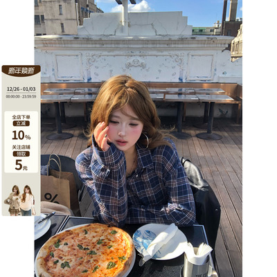 你的鱼 洱海假日 韩系微胖mm复古POLO领宽松显瘦长袖格纹衬衫裙