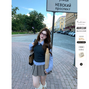 你的鱼 学院旧时光 微胖mm针织马甲条纹衬衫格纹半裙简约百搭套装