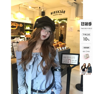 你的鱼 姐姐角色卡 韩系微胖mm一字肩蝴蝶结条纹掐腰显瘦衬衫套装