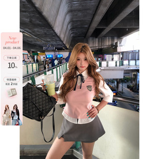 韩系微胖mm春夏假两件学院感短袖 你 鱼 伯克利学院 上衣半裙套装