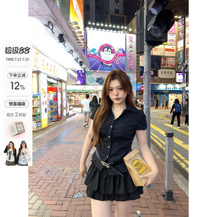 你的鱼 韩女进阶 韩系微胖mm显瘦遮肚甜辣夏泡泡袖短衬衫蛋糕半裙
