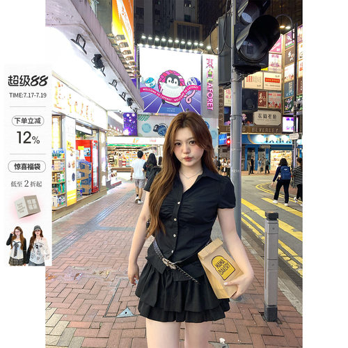你的鱼 韩女进阶 韩系微胖mm显瘦遮肚甜辣夏泡泡袖短衬衫蛋糕半裙