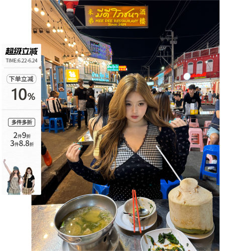 你的鱼 海德公园 微胖mm复古春夏波点碎花格纹拼接一衣两穿套装