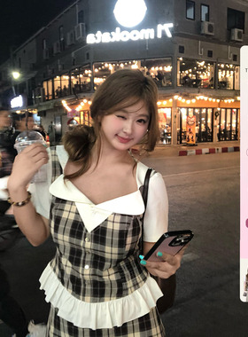 你的鱼 巧心珍挞 微胖mm假两件格纹春夏套装 2/24 20:00新品9折