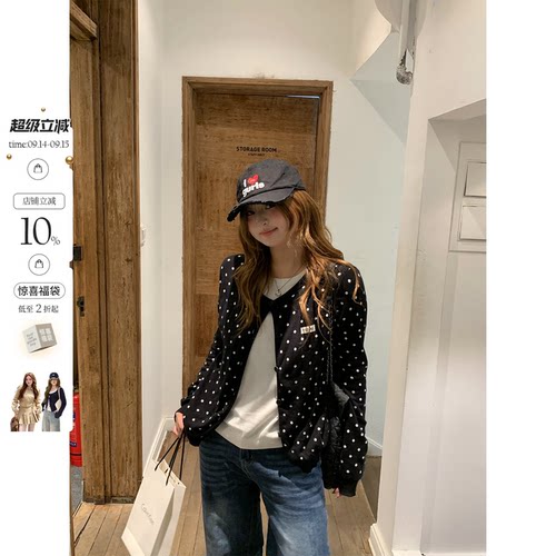 你的鱼 韩女设定 韩系微胖mm黑白波点假两件圆领显瘦针织上衣
