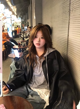 你的鱼 机车少女 韩系微胖mm时髦酷飒拉链翻领斜插口袋PU皮衣外套