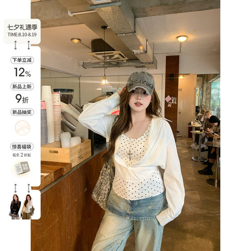 你的鱼 百利冰酒 韩系微胖mm姐感设计感假两件波点V领秋长袖上衣