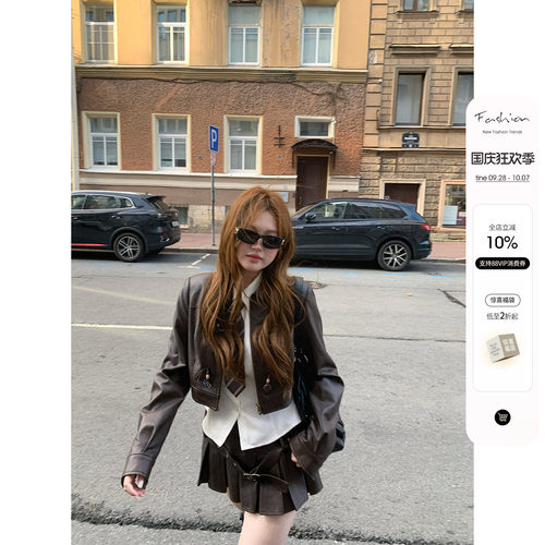 你的鱼 巧克甜心 微胖mm学院风领带衬衫翻领短外套气质百褶裙套装