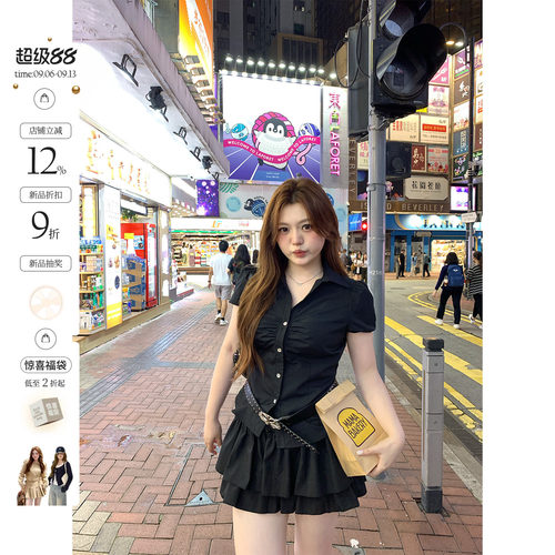 你的鱼 韩女进阶 韩系微胖mm显瘦遮肚甜辣夏泡泡袖短衬衫蛋糕半裙