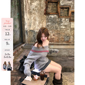 韩系微胖mm纽扣大翻领一字肩露肩毛衣半裙套装 首尔约定 鱼 你