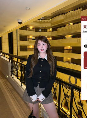 你的鱼 小天使 微胖mm千金风撞色衬衫领短外套格纹短裤秋季套装