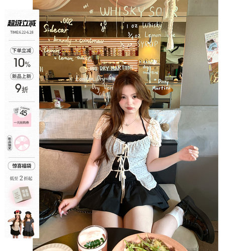 你的鱼 花漾苎夏 韩系微胖mm甜美波点轻薄真两件泡泡袖doll感套装