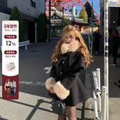 京都美奈 你 鱼 韩系微胖mm千金感显瘦毛领披肩连衣裙大衣外套