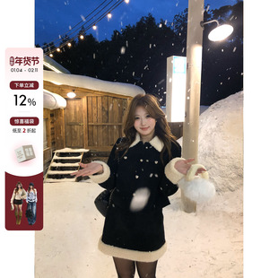 你的鱼 温莎古堡 韩系温柔微胖mm羊羔毛拼接短外套A字短裙套装