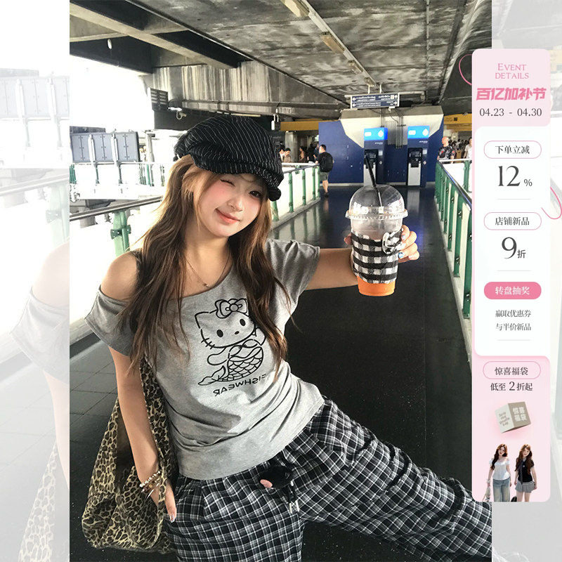 你的鱼 人鱼Kitty+韩女神裤 微胖mm斜肩宽松短袖上衣格纹休闲裤