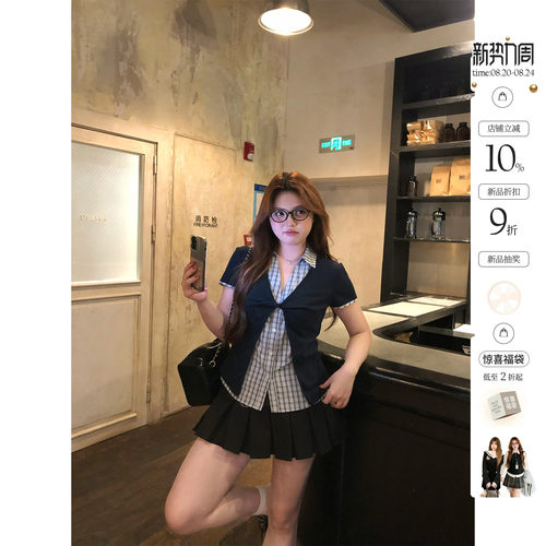 你的鱼 半岛失格 韩系微胖mm学院风春夏假两件扭结格纹短袖套装