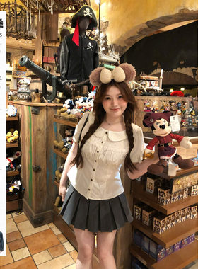你的鱼 少女茶话会 韩系微胖mm春夏条纹蕾丝泡泡袖衬衫半裙套装