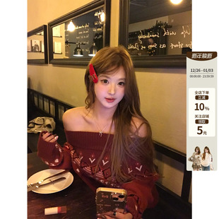 韩系微胖mm一字肩氛围感宽松毛织上衣半裙套装 圣诞费尔岛 鱼 你